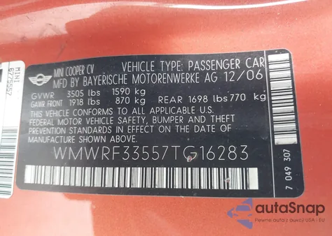 2007 Mini Cooper from USA, damaged, VIN WMWRF33557TG16283